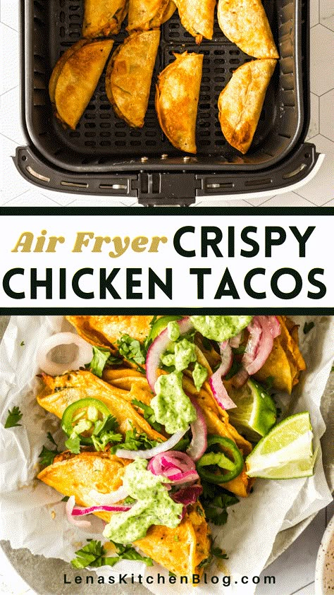 Crispy Chicken Tacos are anything but average! Seasoned rotisserie chicken is stuffed into tortillas before being cooked in the air fryer, giving you a crispy and zesty snack everyone will love. Air Fry Chicken Tacos, Air Fry Tacos, Air Fryer Taco Recipes, Air Fryer Street Tacos, Things To Do With A Rotisserie Chicken, Air Fried Tacos, Chicken Tacos Rotisserie, Chicken Tacos Crispy, Fried Tacos Chicken