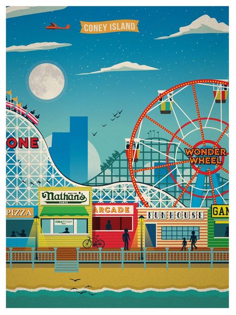 Vintage Coney Island, Island Silhouette, Coney Island Baby, Books Stickers, Fun Fair, New York Art, Coney Island, Vintage Travel Posters, Post Cards