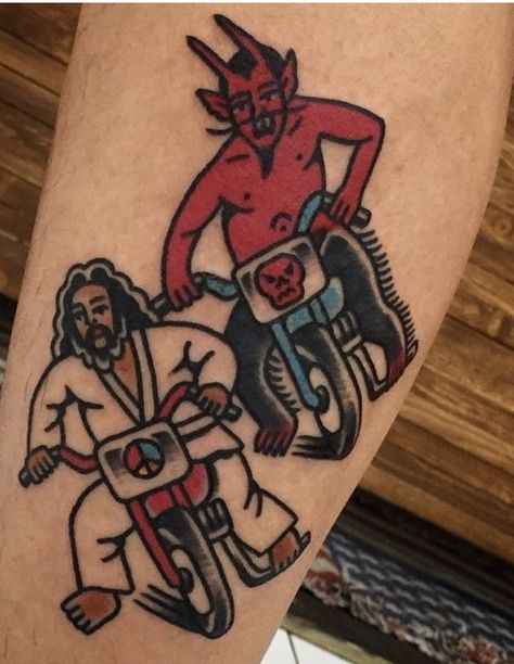 Pirate Skull Tattoos, Korean Tattoo, Sunset Tattoos, Biker Tattoos, Devil Tattoo, Tattoo Old School, Traditional Tattoo Sleeve, Jesus Tattoo, 4 Tattoo