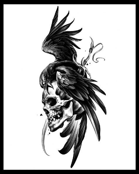 Phoenix Skull Tattoo, Raven And Skull Tattoo, Eagle Skull Tattoo, Raven Skull Tattoo, Tat Sleeve, Crow Tattoos, Rabe Tattoo, Crow Tattoo Design, Side Neck Tattoo