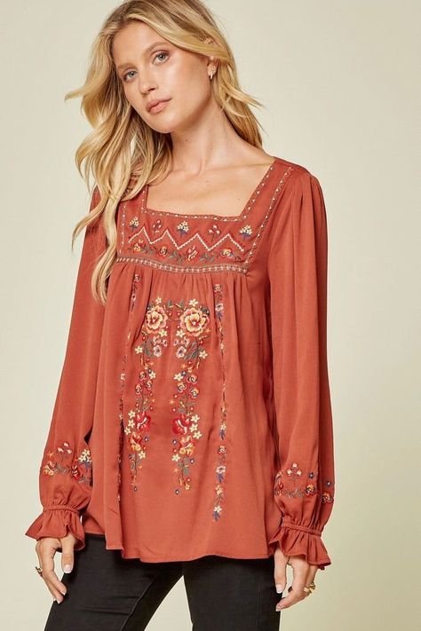 Body Positive Fashion, Embroidered Tops, Chiffon Fashion, Embroidery Top, Pretty Blouses, Boho Tunics, Frock Design, Hottest Fashion Trends, Babydoll Top