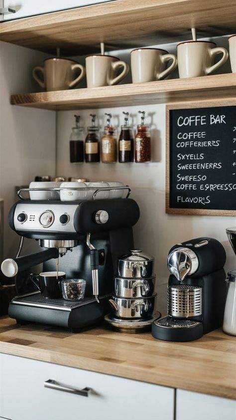 Coffee Station Styling Ideas, Coffee Center Ideas, Coffee Bar Aesthetic Home, Coffee Spot In Kitchen, Kitchen With Coffee Bar, Kitchen Setup Ideas, Small Coffee Bar Ideas, Coffee Station Ideas Countertop, Coffee Bar Setup