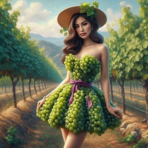 Grape Dress, Strange Fashion, Fruit Costumes, Fruit Fashion, Green Lady, Neural Art, Vestidos Casual, Pool Photography, Girly Drawings