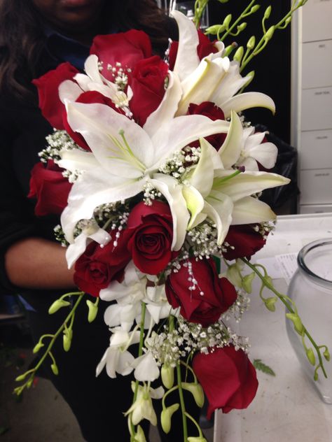 Wedding Flowers Lillies And Roses, Lillys And Roses Bouquet, Lilly And Rose Bouquet, Roses And Lily Bouquet, Bridal Bouquet Lilies And Roses, Wedding Bouquets Lilies And Roses, Red And White Bouquet Wedding, Red Lily Bouquet, White And Red Flower Bouquet