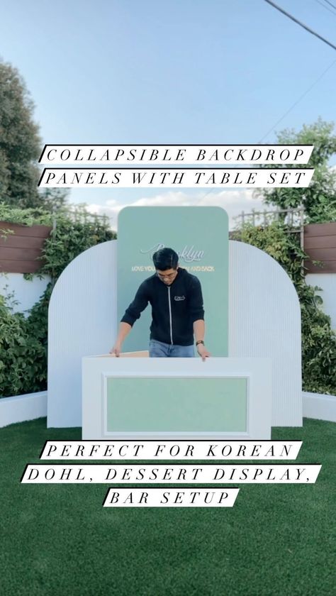 BALLOONS & RENTALS | Event Designer | The first of our Collapsible Backdrops & Table set rental perfect for Korean DOHLs, dessert stations, bar setup, & so much more! We’ve… | Instagram Korean Bar, Small Booth, Bar Setup, Candy Display, Dessert Station, Event Bar, Candy Station, Candy Cart, Wood Backdrop