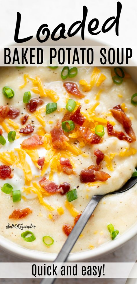 This loaded baked potato soup recipe is easy, hearty, and comforting. This is the best cozy and creamy soup, and it's got plenty of bacon and cheddar! Toppings For Potato Soup, Healthy Hearty Winter Meals, Loaded Potato Bacon Soup, One Pot Loaded Baked Potato Soup, Small Batch Loaded Baked Potato Soup, Loaded Baked Potato Soup Chilis, Easy Cheddar Potato Soup, Loaded Baked Potato Chowder, Bake Potatoes Soup