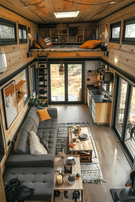 Indulge in luxury with these 10 beautiful tiny house cabins, each featuring elegant loft interior designs that redefine sophistication. Ready to elevate your lifestyle? Click the link to uncover more styles and start planning your luxurious retreat. Tiny Apartment Plan, Tiny Home Floorplan Loft, Double Loft Tiny House, Tiny Home Loft, Industrial Tiny House, Tiny House Loft Ideas, 2 Story Tiny House, Luxury Loft Apartment, Small Loft Apartments