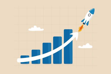 Exponential growth or compound interest, investment, wealth or earning rising up graph, business sales or profit increase concept, financial report graph with exponential arrow from flying rocket. Compound Effect, Financial Report, Compound Interest, Exponential Growth, Mind Reader, Visual Board, Line Graphs, Cleveland Clinic, Business Sales