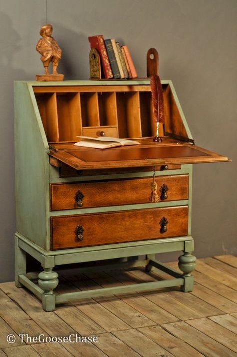 Beautifully upcycled bureau ... leaving some of the original wood exposed combined with heritage green distressed paintwork makes for a very attractive end result. Upcycled Desk, Writing Bureau, House Storage, Desk Makeover, Secretary Desk, Furniture Rehab, Secretary Desks, Furniture Redo, Refurbished Furniture