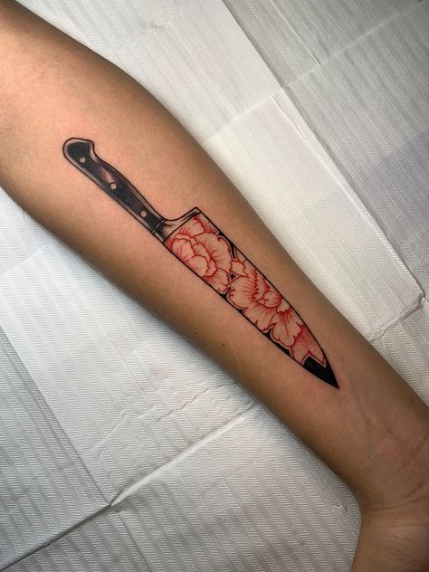 Japanese Knife Tattoo, Chef Knife Tattoo, Chef Tattoo Ideas, Knife Tattoo Ideas, Knife And Rose Tattoo, Mine Tattoo, Brotherhood Tattoo, Chef Tattoo, Tattoo Sleeve Filler