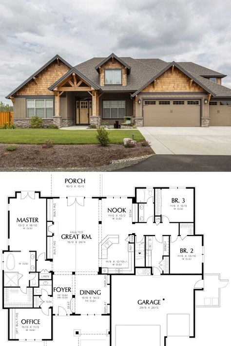 Aesthetic House Front View, Cozy One Story House, 1 Story Home Plans, Blocksburg House Layout 1 Story, House Layout 1 Story, Modern Craftsman Interior Design, Exterior Bungalow, Modern Craftsman Interior, Front Garden Landscaping