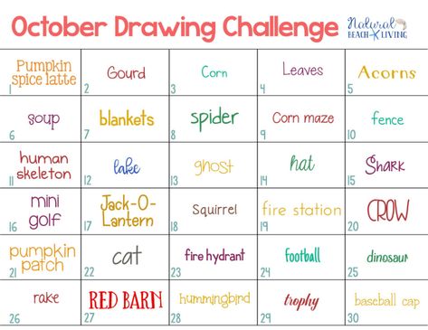 October Drawing Challenges - 30 Day Drawing Challenge for Kids and ... Monthly Drawing Challenge, October Drawing Challenge, Monthly List, Draw Challenge, 30 Day Art Challenge, Free Draw, Art Journal Challenge, 30 Day Drawing Challenge, Drawing Challenges