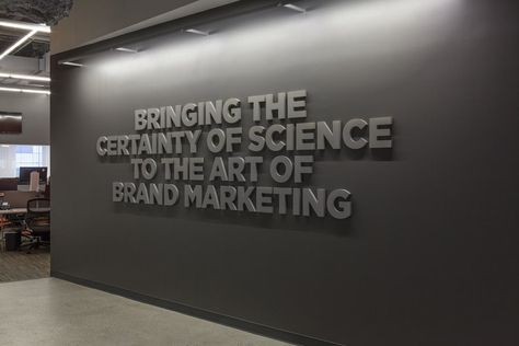 Entrance: Mission Statement Wall Mission Statement Wall Design, Office Mission Statement Wall, Company Entrance Design, Office Statement Wall, Office Branding Ideas, Mission Statement Design, Office Graphics, Head Quarters, Church Interior Design