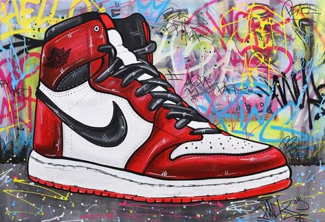 Naguy Claude - Jordan One #artwork #originalart #artgallery #losangeles #painting #buyart #lagallery #visitus #decoration Gcse Lock, Jordan Painting, Painting Jeans, Shoe Artwork, Jordan One, Landscape Street, Paper Shoes, Fashion Coloring Book, Decoupage Decor