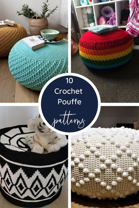 Looking for you next home decor crochet project? Check out this collection of 10 easy crochet pouffe patterns. Perfect for beginners, crochet pouffes are large crochet floor pillows that work up quickly and add a boho diy touch to any room. Crochet Ottoman Pouf, Crochet Floor Pouf Pattern Free, Crochet Poof Ball Pattern, Crochet Meditation Pillow, Crochet Pouf Pattern Free, Diy Crochet Pouf, Crochet Pouffe, Crochet Floor Pillow, Pouffe Pattern