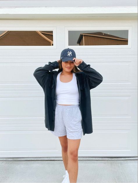 Comfy Casual Outfit: Hat, Shacket, Fleece Shorts, Converse High Tops | ByMollyLove Fleece Shorts Outfit, Cas Outfits, High Top Sneakers Outfit, Converse Platforms, Ny Yankees Hat, Fleece Shacket, Yankees Hat, Comfy Casual Outfits, High Top Converse