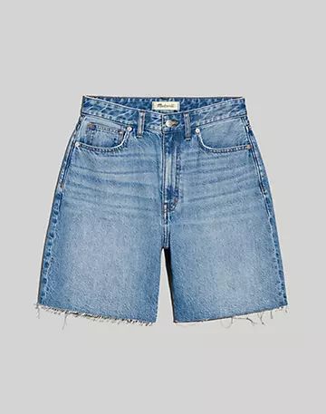 90's Denim | Madewell Long Denim Shorts Outfit, Jeans For Short, High Waisted Baggy Jeans, Baggy Jean Shorts, Long Jean Shorts, Long Denim Shorts, Denim Shorts Outfit, Fitted Crop Top, Baggy Jean