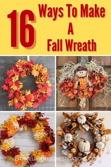 Fall wreath ideas you can make in traditional fall colors. Most require minimal craft skills and a glue gun. The post also includes more DIY Fall decor ideas you can make for your home. #diyfalldecorating #diyfalldecor #diywreath How To Make Your Own Fall Wreath, Fall Foam Wreath Ideas, Fall Wreath Ideas Diy Mesh, Fall Wreath Ideas Diy Autumn, How To Make A Fall Wreath, Fall Wreaths For Front Door Diy Easy, Fall Wreaths Diy Easy, Diy Fall Wreath For Front Door, Fall Mesh Wreaths Diy