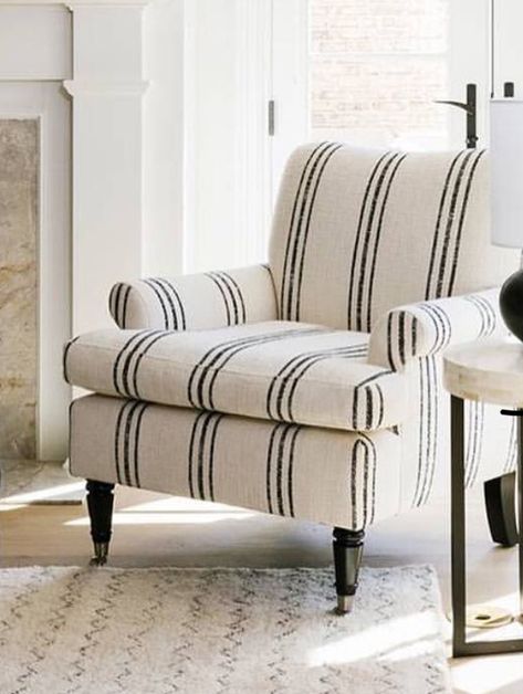 Bergere Chair Living Room, English Armchair, Striped Accent Chair, Big Houses Interior, Fine Antique Furniture, Condo Living Room, Coastal Room, White Fireplace, Reupholster Furniture