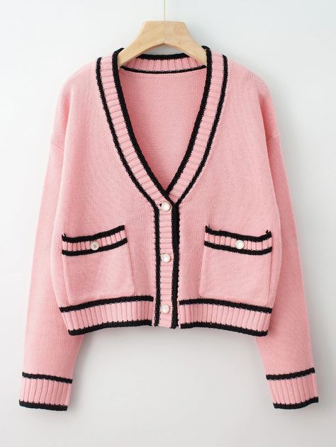 Stripe Pattern Dual Pockets Cardigan | SHEIN USA Shein Sweater, Altering Clothes, Crochet Fashion Patterns, Hoodie Cardigan, Cute Outfits For School, Pocket Cardigan, Simple Trendy Outfits, Kpop Fashion Outfits, Cute Sweaters