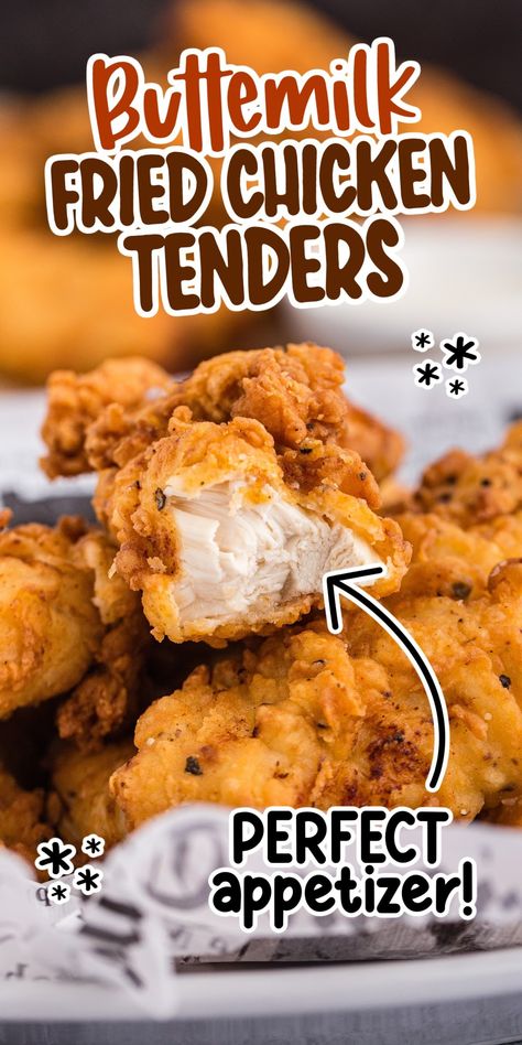 Buttermilk Fried Chicken Tenders are flavorful and juicy with an irresistible crunchy fried coating - great as appetizers with dipping sauce! Country Fried Chicken Tenders, Bbq Chip Chicken Tenders, Fried Chicken Tenders No Buttermilk, Fried Chicken Tenders Buttermilk, Fried Chicken Tender Recipe, Fried Chicken On A Stick, Southern Fried Chicken Tenders, Homemade Fried Chicken Tenders, Fried Chicken Tenders Recipe