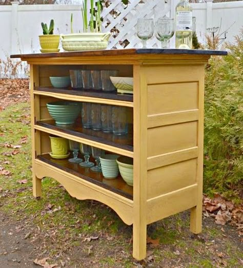 Creative ideas in crafts and upcycled, innovative, repurposed art and home decor. ...For the kitchen or CD/media storage? Repurposed Desk, Desk Vanity, Antique Bedroom, Maine Cottage, Upcycling Ideas, Old Dressers, Painting Furniture, Refurbished Furniture, Recycled Furniture