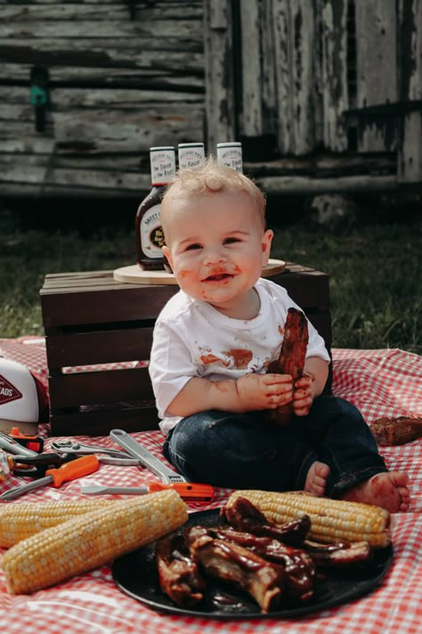 One year old baby smash cake photoshoot ideas Steak One Year Photo Shoot, Steak Smash Photoshoot, Bbq Stain On My White Tshirt Photoshoot, 1 Year Steak Smash, Rib Smash First Birthday, Bbq First Birthday Photoshoot, Bbq 1st Birthday Boy, Bbq Smash 1st Birthday, Baby Steak Smash Photoshoot