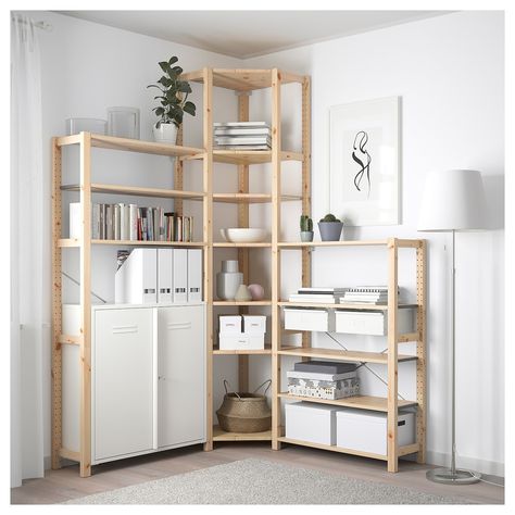 IKEA IVAR 3 Elem/Ecke Ivar Regal, Garage Storage Units, Ikea Kitchen Storage, Corner Shelf Ideas, Pine Shelves, Ikea Ivar, Nordic Living, Ikea Kitchen, Corner Shelves