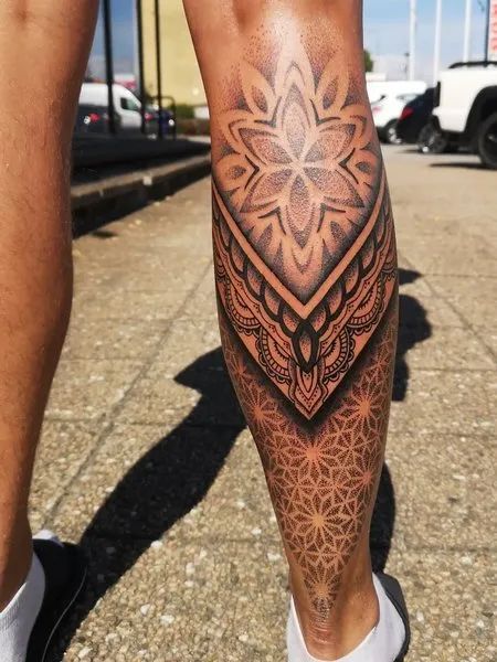 Mandala Calf Tattoo Womens Half Leg Sleeve Tattoo, Mandala Tattoo Legs For Women, Womens Mandala Leg Tattoo, Leg Sleeve Mandala Tattoo, Mandala Tattoo Calf For Women, Mandala Tattoo Women Leg, Women’s Calf Tattoo Ideas, Side Mandala Tattoo, Dotwork Leg Sleeve