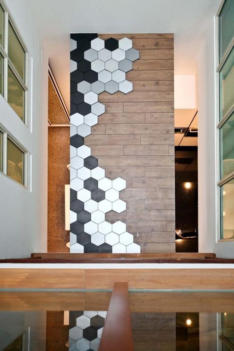 10 homes with hexagon tiles and motifs in their interior design - Home & Decor Singapore Brick Feature Wall, Hexagonal Tiles, Feature Wall Living Room, 3d Panel, Brick Decor, Wall Panelling, Hotel Office, Interior Wall Design, Industrial Loft