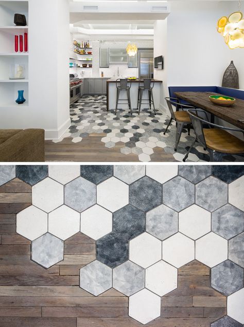 19 Ideas For Using Hexagons In Interior Design And Architecture Laminate Flooring In Kitchen, 아파트 인테리어, Hexagon Tiles, Kitchen Floor Tile, New York Apartment, Floor Design, Design Case, On The Floor, Tile Design