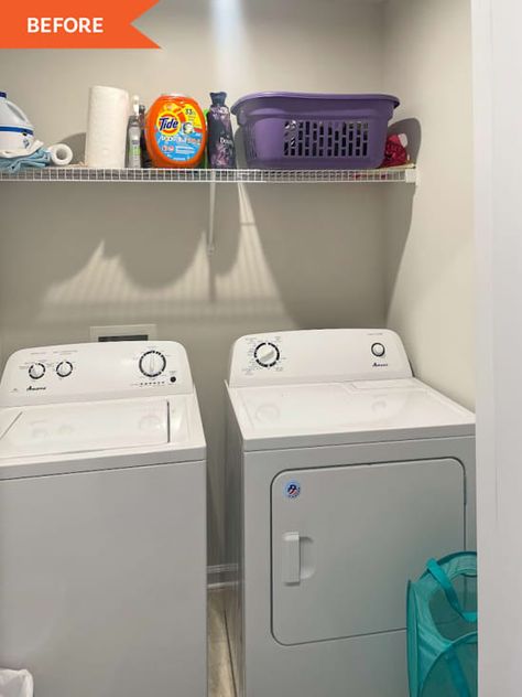 Small Laundry Room Makeover Top Loader, Diy Drying Rack, Laundry Room Organization Shelves, Laundry Room Redo, Laundry Closet Makeover, Laundry Room Decor Ideas, Narrow Laundry Room, Shelf Makeover, Diy Shelving