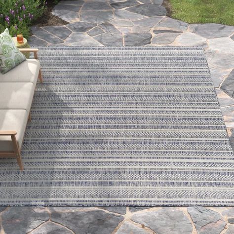 Valentin Striped Blue and Charcoal Indoor/Outdoor Area Rug Grey Patio, Farmhouse Patio, Kelly Clarkson Home, Porch Rug, Outdoor Rugs Patio, Patio Rugs, Kelly Clarkson, Outdoor Carpet, Outdoor Ceiling Fans