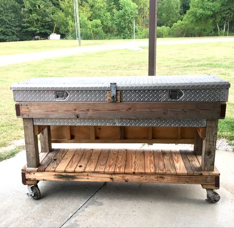 Repurposed Aluminum Truck Box Truck Tool Box Repurposed, Truck Toolbox Ideas, Truck Tool Box Ideas, Shop Hacks, Grilling Area, Garage Workbench, Garage Workshop Organization, Dirty Kitchen, Truck Boxes