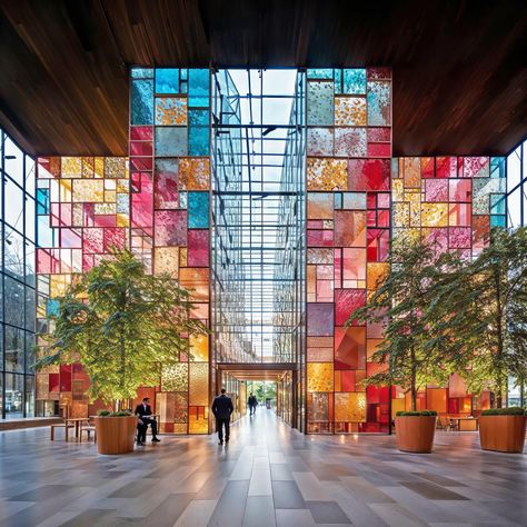 Stained Glass Colors, Stained Glass Installation, Stained Glass Building, Color Glass Wall, Stained Glass Architecture, Stained Glass Interior, Glass Interior Design, Design Perspective, Building Facades