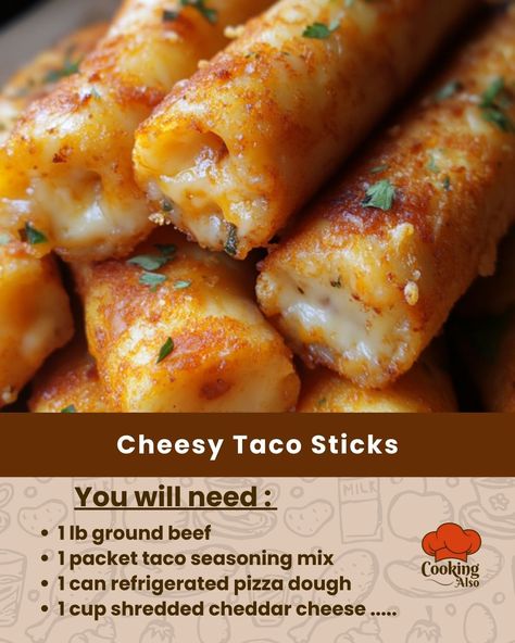 Golden, cheesy, and packed with taco flavor – these Cheesy Taco Sticks are the snack you didn’t know you needed! 🌮🧀✨ Recipe: Ingredients: 1 lb ground beef 1 packet taco seasoning mix 1 can refrigerated pizza dough 1 cup shredded cheddar cheese 1 cup shredded mozzarella cheese 1 egg, beaten (for egg wash) Fresh cilantro or parsley, chopped (for garnish) Salsa or sour cream, for dipping Directions: Preheat oven to 400°F (200°C). Line a baking sheet with parchment paper. In a skillet, cook gr... Nacho Cheese Tacos, Mexican Finger Foods Parties, Mexican Finger Foods, Cheesy Taco Sticks, Taco Sticks, Taco Seasoning Mix, Refrigerated Pizza Dough, Cheese Tacos, Shredded Cheddar Cheese