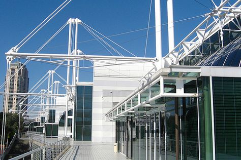 Cox, Darling Harbour Exhibition Centre, structure, cables Tension Cable Architecture, Cable Architecture, Boat Shelves, Cantilever Structure, Cable Structure, Boat Shelf, Steel Architecture, Home Structure, Tensile Structures