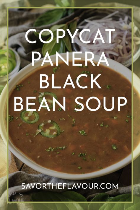 Our Panera black bean soup copycat recipe tastes like theirs, only better. It's an easy and healthy black bean dish you can make for dinner with pantry staples. It's vegan and gluten free, and is so delicious, you'll want a second bowl! Panera Black Bean Soup Recipe Copycat, Copycat Panera Black Bean Soup, Black Bean Soup Recipes, Best Black Bean Soup, Black Beans Soup Recipe, Black Bean Soup With Ham, Black Beans And Rice Soup Recipe, Black Bean Soup Canned Beans, Black Bean Soup Dried Beans