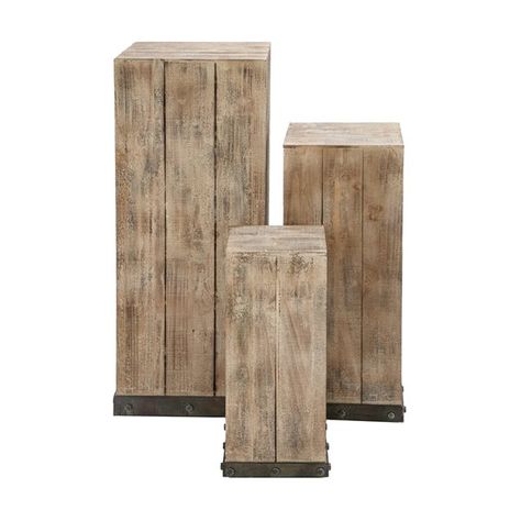 Grayson Lane Rustic Brown Wood Square Pedestral End Table - Set of 3The design takes inspiration from box wooden crates that can be used as console tables or corner posts for flower vases and trophies in industrial, rustic, and eclectic interiorsThe vertically standing rectangle tables were crafted from the reliable combination of fir wood and medium-density fibreboard. Riveted square iron bases were added for design and to prevent wearing offA bare wood finish with distressing is evident on eac Support Pour Plante, Into The Wood, Wood Plant Stand, Wood Pedestal, Rustic Theme, Buy Wood, Style Rustique, Pedestal Table, Eclectic Interior