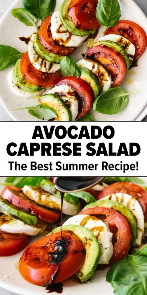 Avocado caprese salad with balsamic vinegar Caprese Salad With Avocado, Capris Salad Recipe, Capri Salad, Unique Salads, Avocado Caprese Salad, Caprese Avocado, Recipes Vegetarian Dinner, Dinner Recipes For One Healthy, Caprese Salad Recipe