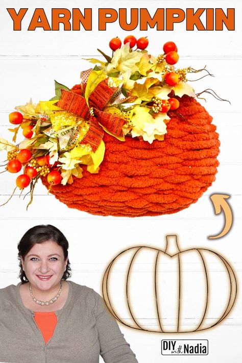 Loop Yarn Pumpkin Wreath, Woven Pumpkin Wreath, Loop Yarn Fall Wreaths, Yarn Pumpkin Wreath Diy, Ribbon Covered Pumpkins, Pumpkin Yarn Wreath, Half Pumpkin Wire Wreath, Dollar Tree Crafts Pumkins, Chunky Yarn Pumpkin Wreath Diy