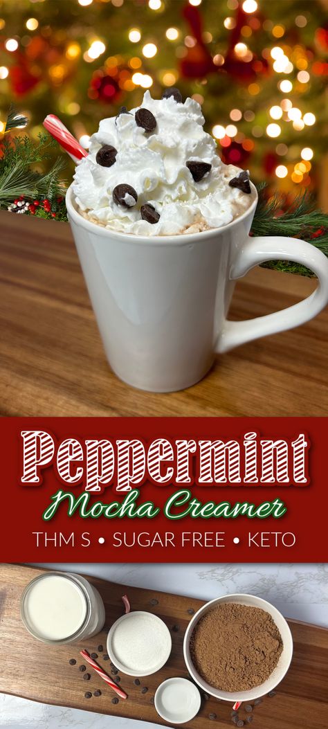 Not only is this creamer guilt-free, sugar-free, and delicious, it also offers the oprion to preportion the creamer and freeze for iced coffee or refridgerate for hot coffee. Keto Chocolate Coffee Creamer, Thm Coffee Creamer, Sugar Free Peppermint Mocha Creamer, Sugar Free Creamer Recipes, Keto Friendly Coffee Creamer, Diy Sugar Free Coffee Creamer, Hot Drink Mixes, Clean Coffee Creamer, Mocha Creamer Recipe