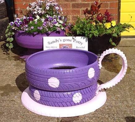 Purple tea cup Old Tire Planters, Tea Cup Planter, Tire Craft, Tire Garden, Tire Planters, Tire Art, Tyres Recycle, Old Tires, Used Tires