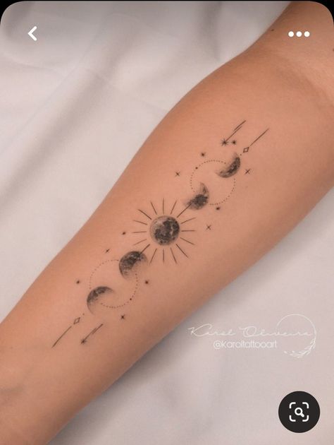 Constatation Tattoo, Abstract Moon Phases Tattoo, Moon Phase Tattoo With Stars, Lunar Phase Tattoo, Fine Line Moon Phase Tattoo, Flower Moon Phases Tattoo, Lunar Tattoo Ideas, Back Moon Tattoo, Fineline Moon Tattoo