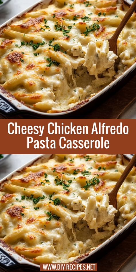 Make this easy chicken Alfredo casserole with penne pasta, mozzarella, and a creamy Parmesan Alfredo sauce. A crowd-pleaser! Easy Alfredo Casserole, Easy Alfredo Baked Pasta, Easy Pasta Recipes Alfredo, Chicken Alfredo Pasta For A Crowd, Chicken Alfredo Bake For A Crowd, Good Chicken Alfredo Recipes, Baked Pasta Chicken, Pasta Alfredo Casserole, Cheesy Chicken Alfredo Bake