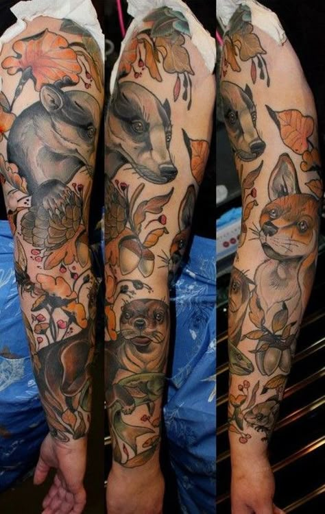 Full sleeve forest animals tattoo. Neotraditional Nature Sleeve, The Animals Of Farthing Wood, Nature Sleeve Tattoo Color, Redwall Tattoos, Woodland Animal Tattoo, Animals Of Farthing Wood, Woods Tattoo, Badger Tattoo, Tattoo Animals