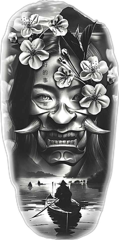 Onna Musha Tattoo, Ninja Tattoos For Men, Japanese Realistic Tattoo, Mob Tattoo Design, Japanese Tattoo Designs Geisha, Japanese Ninja Tattoo, Realistic Japanese Tattoo, Japanese Mask Tattoo Design, Japanese Yokai Tattoo