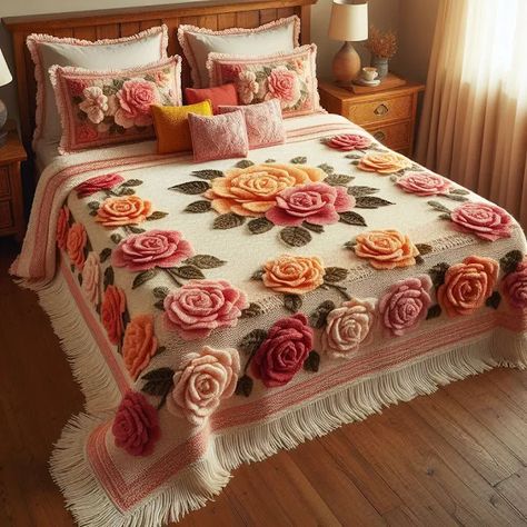 Crochet Bedspread Pattern Bed Spreads Beautiful, Crochet Bed Runner, Crochet Bed Sheet, Crochet Bedroom, Floral Bedsheets, Crochet Shirt Pattern, Crochet Bedsheets, Crochet Furniture, Flower Decor Ideas