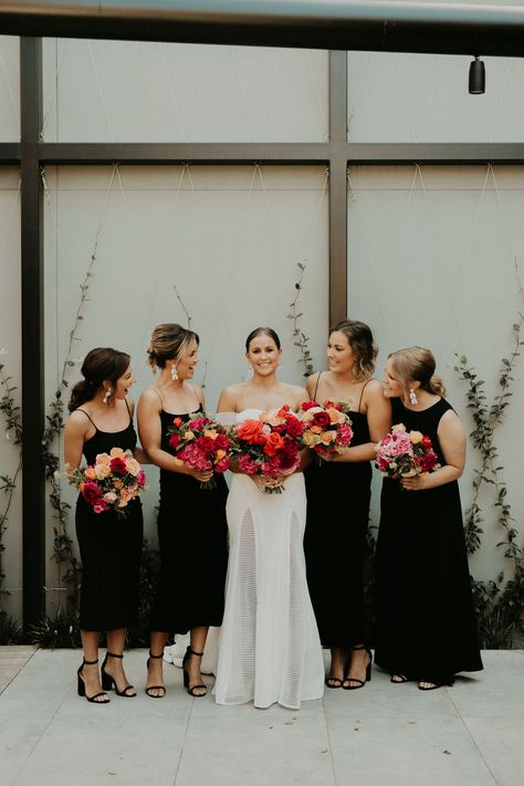 Black Wedding Party Bridesmaid, Black And Bright Wedding, Black And Color Wedding, Bridesmaids In Black Dresses Bridal Parties, Colorful Floral Arrangements Wedding, Fun Bridal Bouquets, Black Wedding With Pops Of Color, Black And White With Pop Of Color Wedding, Black And Colour Wedding