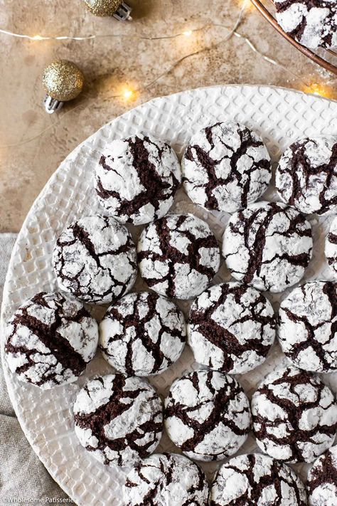 Best Chocolate Crinkle Cookies - Wholesome Patisserie Christmas Crinkle Cookies, Chocolate Crackle Cookies, Chocolate Crinkle Cookies Recipe, Crackle Cookies, Chocolate Crackles, Crinkle Cookies Recipe, Chocolate Crinkle, Chocolate Cookie Dough, Chocolate Crinkle Cookies